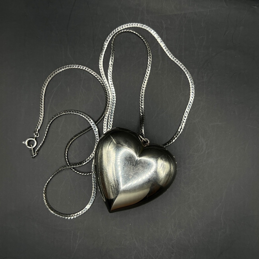 Vintage 90s Silver Large Puffy Heart Pendant Necklace Chunky Curb Chain